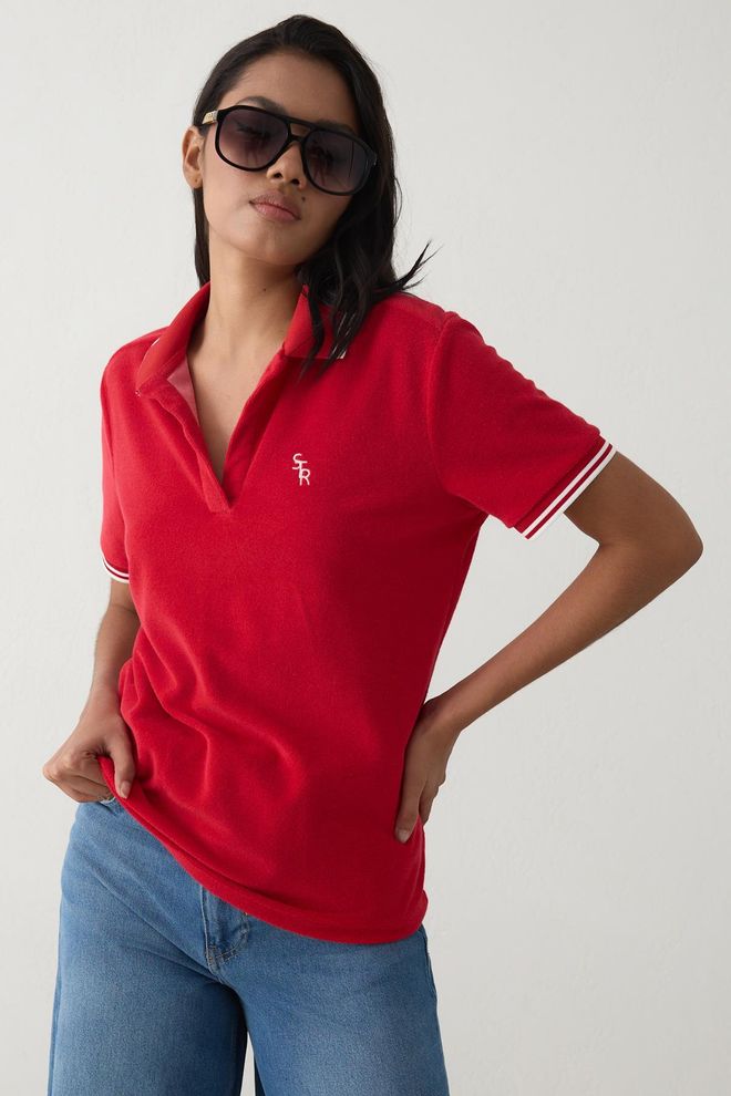 Setre Kırmızı Gündelik Spor Tişörtü Çentikli Yakayla Toptan Giyim Gündelik