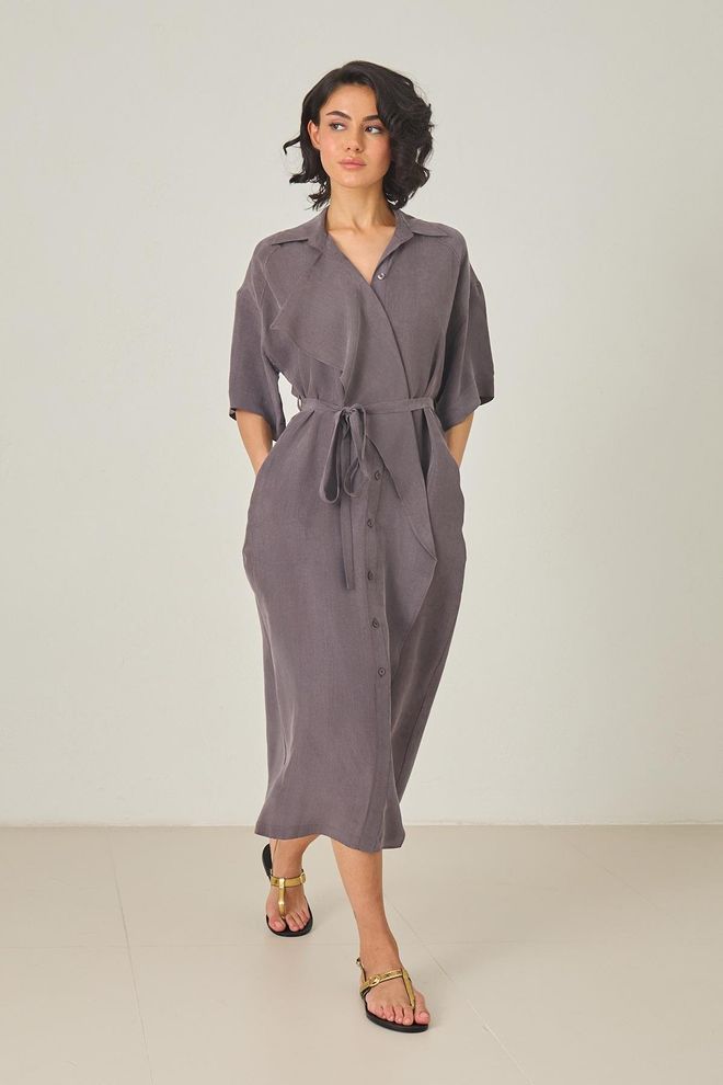 Setre Szara Sukienka Koszulowa Midi Karbowany Dekolt Raglanowy Rękaw Hurtowa sprzedaż odzieży Casual