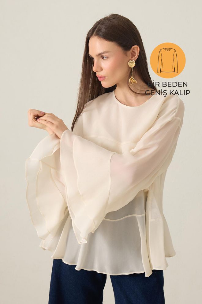 Setre Bluză Bej Elegantă Cu Mâneci Clopot Îmbrăcăminte cu ridicata Casual