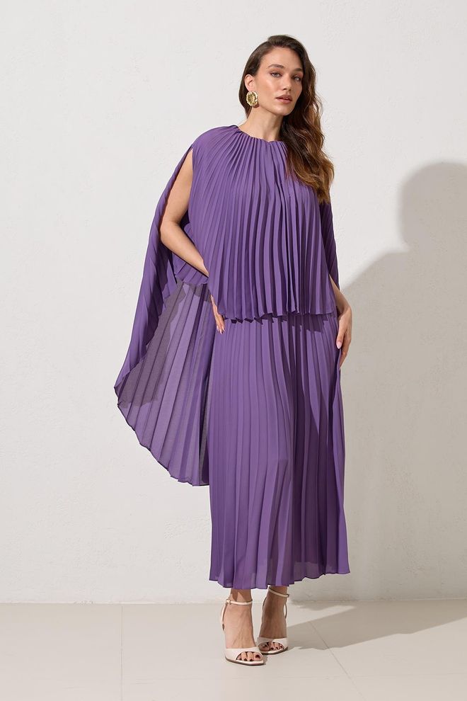 Setre Mor Zarif A Kesim Maksi Elbise Pelerin Kollu Toptan Giyim Nostaljik