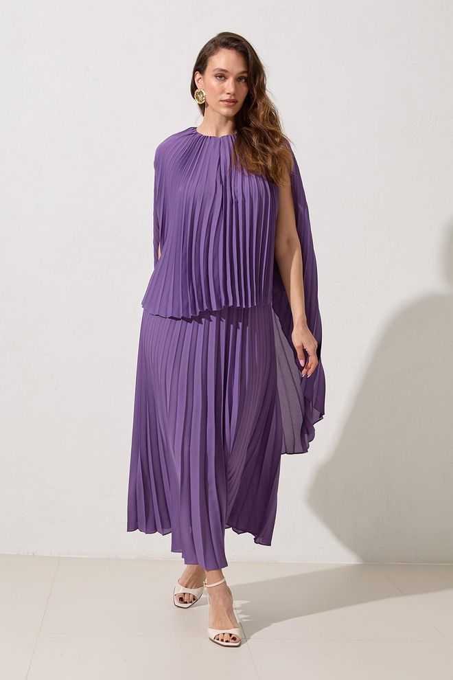 Setre Лилава Елегантна А силует Рокля Макси С Клоширан Ръкав Дрехи на едро Пролет