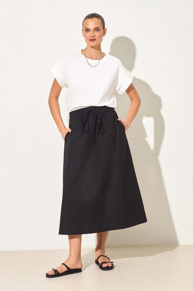 Setre Siyah A Kesim Midi Etek İp Büzgülü Bel Toptan Giyim 1