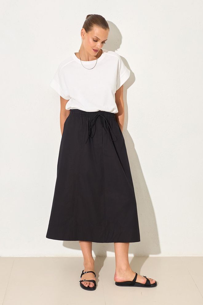 Setre Siyah A Kesim Midi Etek İp Büzgülü Bel Toptan Giyim Tesettür