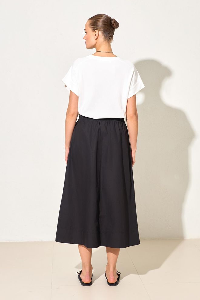 Setre Siyah A Kesim Midi Etek İp Büzgülü Bel Toptan Giyim Gündelik