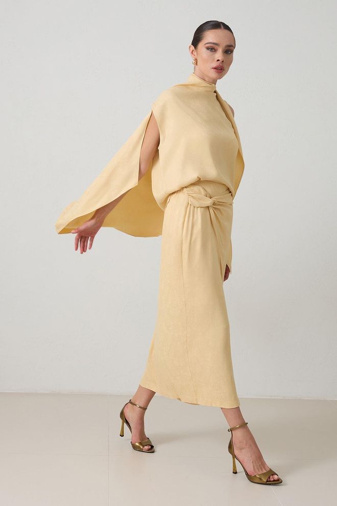 Setre Bej Zarif Resmi Wrap Midi Etek Yüksek Bel Toptan Giyim Resmi