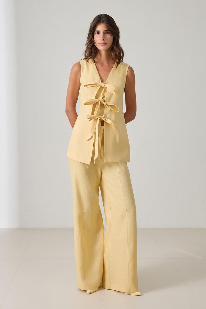 Setre Costum Elegant Galben Cu Pantaloni Palazzo Largi Îmbrăcăminte cu ridicata Casual