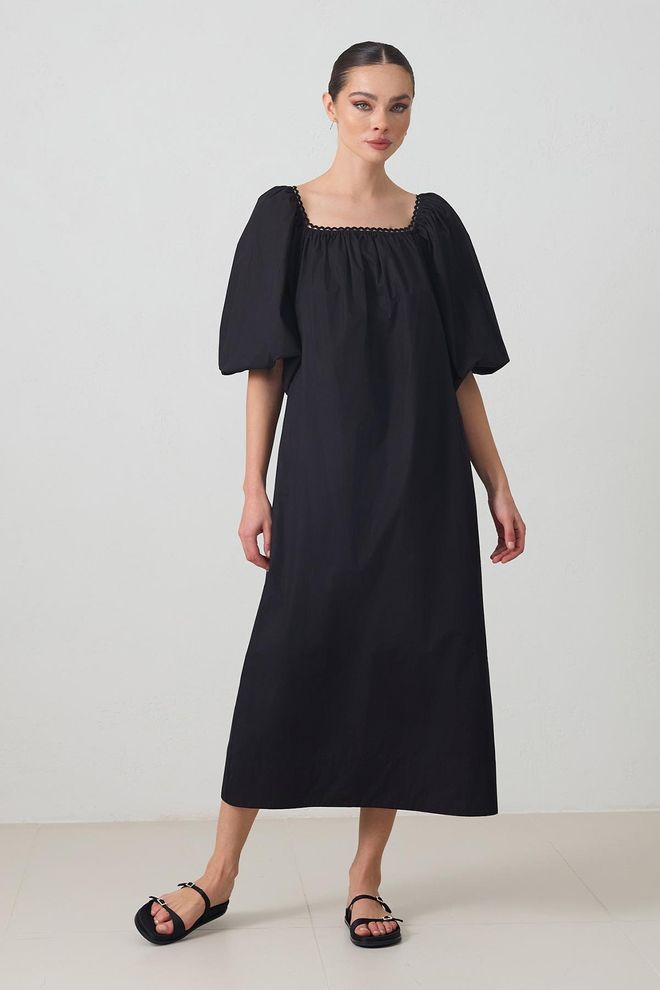 Setre Μαύρο Φόρεμα Μίντι Smock Με Τετράγωνη Λαιμόκοψη Και Φουσκωτά Μανίκια Χονδρικό εμπόριο ενδυμάτων Απλό