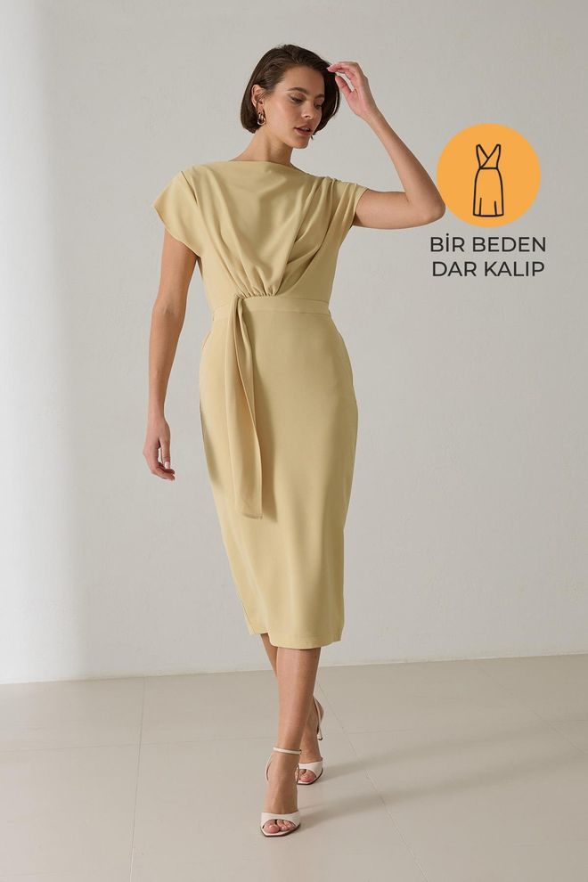 Setre Беж Елегантна Формална Хаљина Омотач Са Капа Рукавима Велепродаја одеће скроман