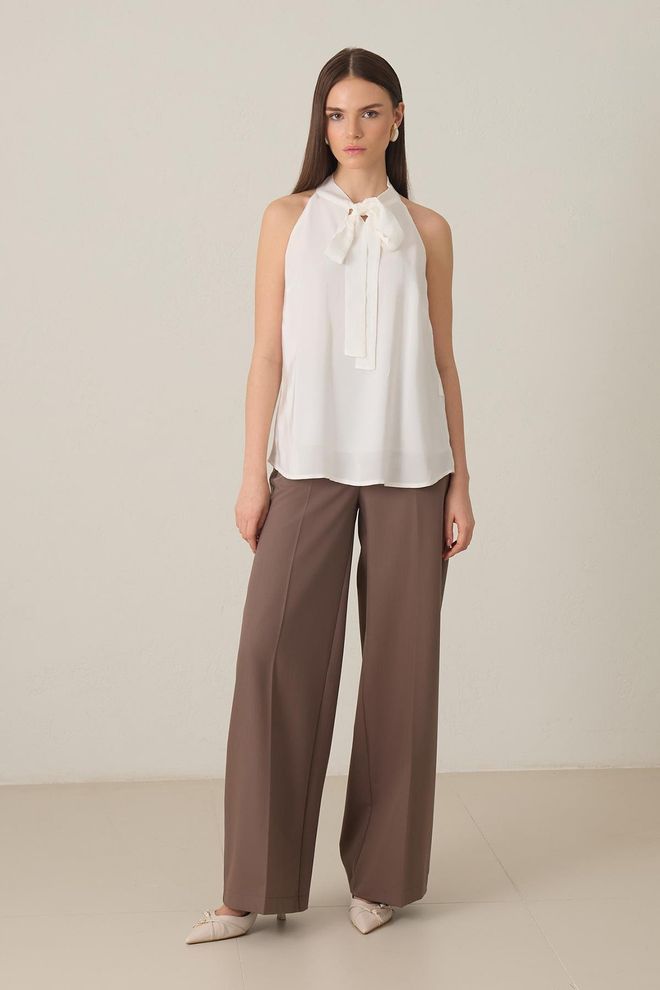 Setre Beyaz Zarif Halter Yaka Bluz Toptan Giyim Gündelik