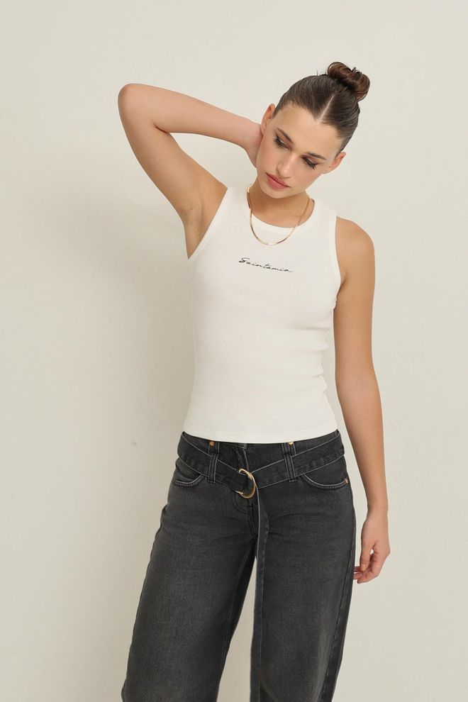 Setre Balta Palaidinė Su Raidžių Spauda Ir 'Cap' Tipo Rankovėmis Didmeninė prekyba drabužiais Kokteilinė