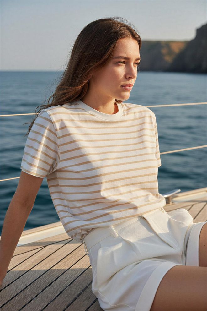 Setre Tricou Bej Casual Cu Dungi Și Decolteu La Baza Gâtului Îmbrăcăminte cu ridicata Casual