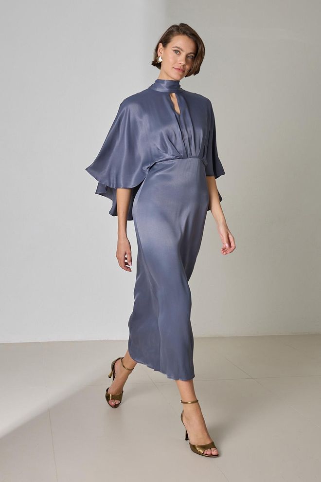 Setre Elegantes Graues Slip Kleid Mit Cape Ärmeln Großhandelskleidung Cocktail