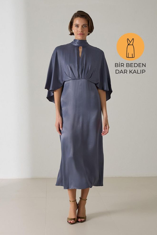 Setre Midikleid Mit Fenster Und Ärmeldetail An Der Taille Und Eng Anliegendem Kragen — Marineblau Großhandelskleidung 0