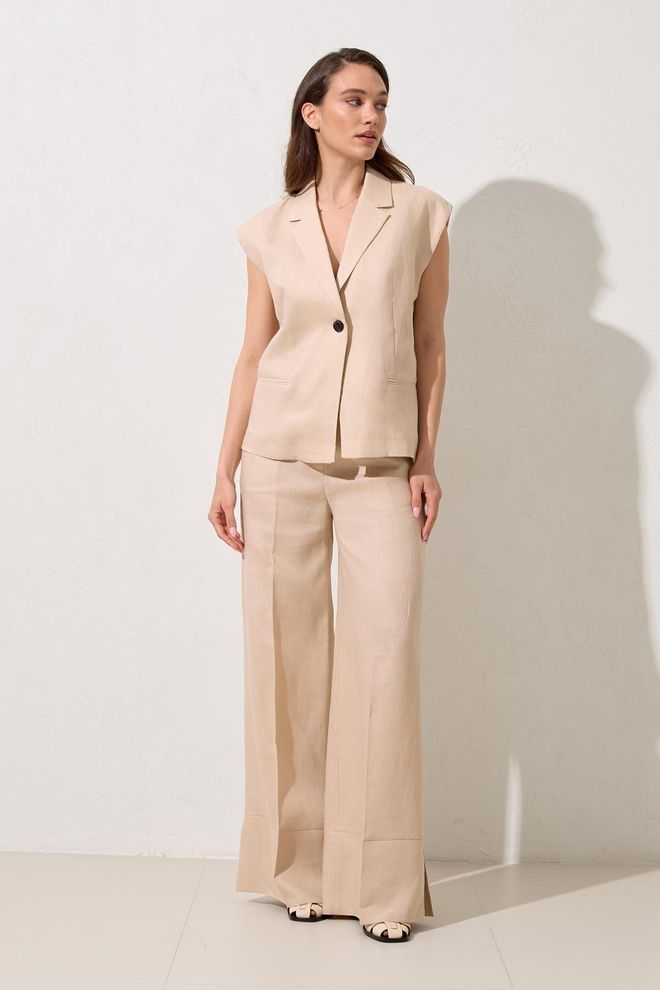 Setre Costum Elegant Bej Fără Mâneci Cu Pantaloni Palazzo Largi Îmbrăcăminte cu ridicata Casual