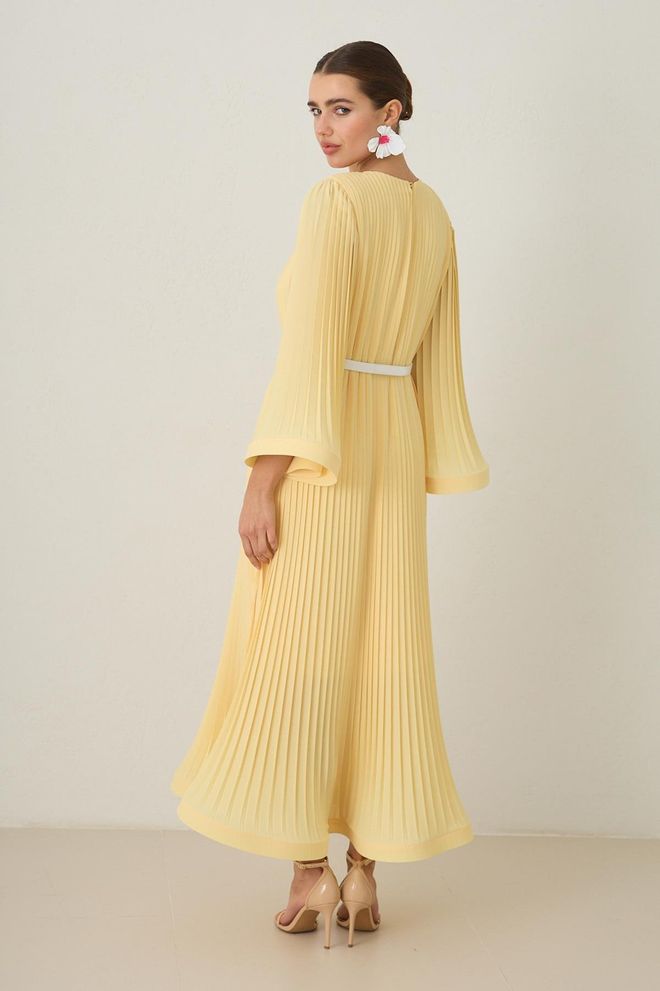 Setre Rochie Galbenă Elegantă În Dungi Tip A Lungime Midi Îmbrăcăminte cu ridicata Casual