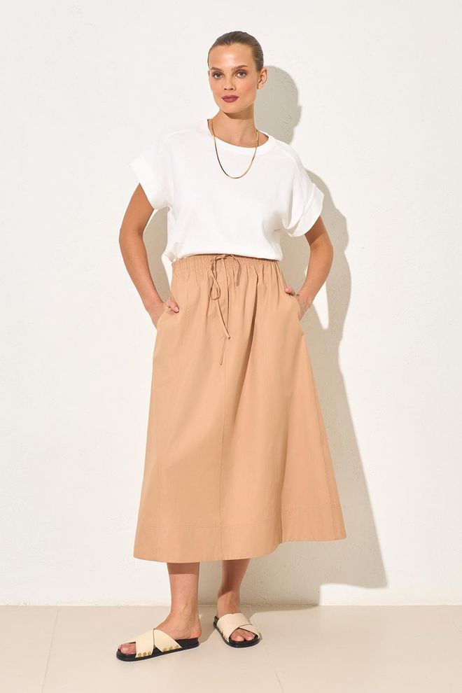 Setre Fustă Bej Midi Evazată Cu Talie Înaltă Și Șnur Îmbrăcăminte cu ridicata Conservator