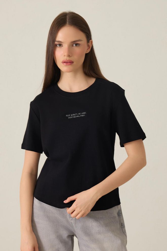 Setre Tricou Negru Casual De Stradă Cu Imprimeu Litere Îmbrăcăminte cu ridicata Casual