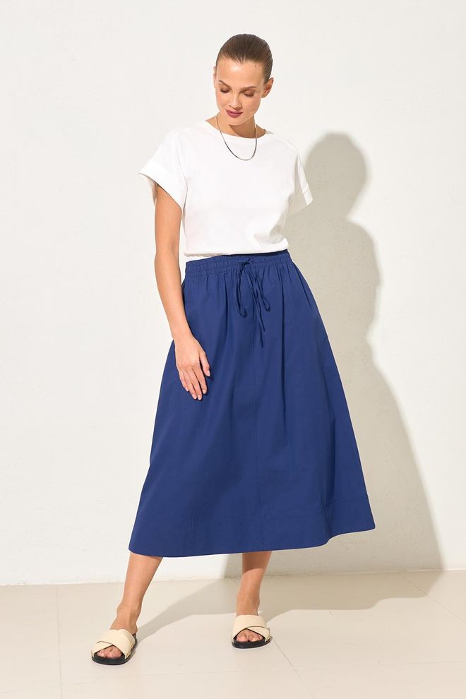 Setre Navy Blue A Line Midi Skirt With Drawstring Wholesale Clothing Modest