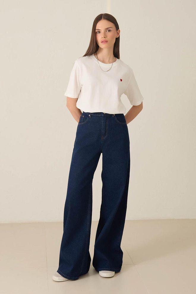 Setre Blue Mom Jeans High Waist Wide Leg Buttoned Wholesale Clothing Casual