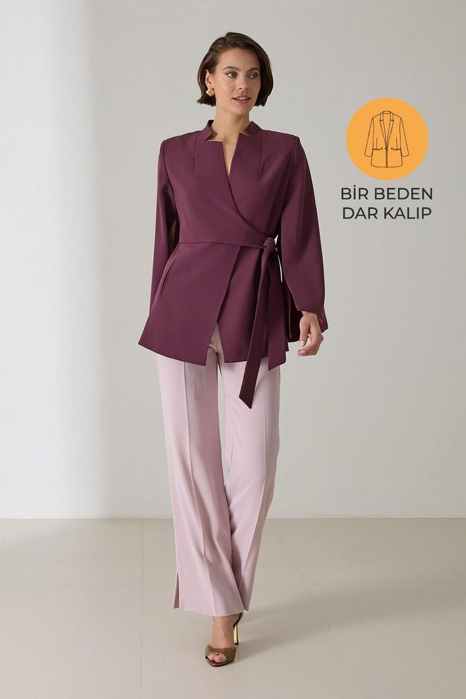 Setre Bordeauxrot Jacke Eleganter Wrapover Mit V Ausschnitt Großhandelskleidung Lässig