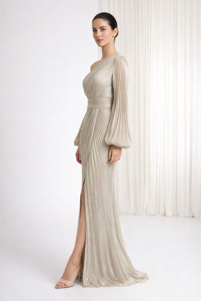 Setre Şerit Desenli Bej Tek Omuzlu Balon Kollu Şık Kalem Elbise Toptan Giyim 1