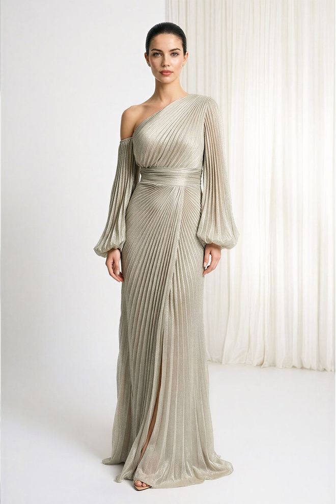 Setre Elegantné Béžové Šaty Sheath S Prúžkovanými Balónovými Rukávmi Veľkoobchod s oblečením Formálny