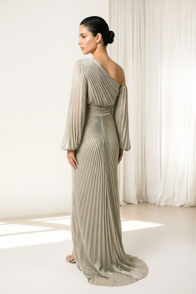 Setre Şerit Desenli Bej Tek Omuzlu Balon Kollu Şık Kalem Elbise Toptan Giyim Bahar