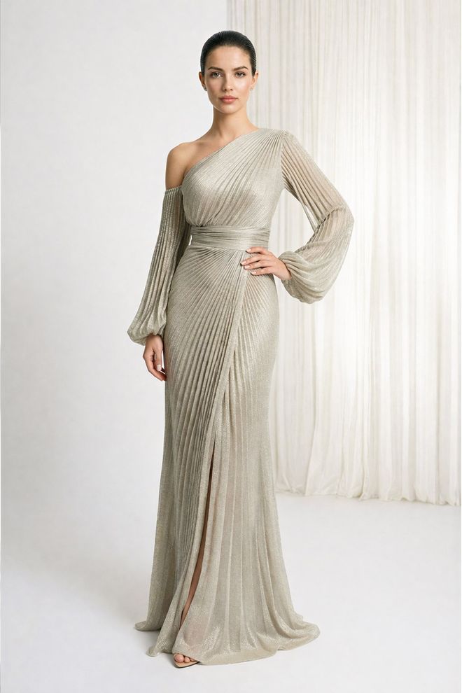 Setre Şerit Desenli Bej Tek Omuzlu Balon Kollu Şık Kalem Elbise Toptan Giyim İş