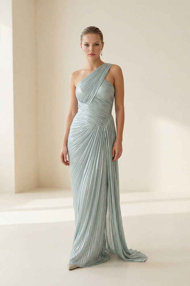 Setre Silver Elegant One Shoulder Slit Floor Length Dress Wholesale Clothing Formal