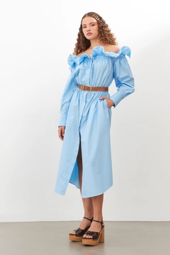 Una modelo de ropa al por mayor lleva str11189-dress-blue, Vestido turco al por mayor de Setre