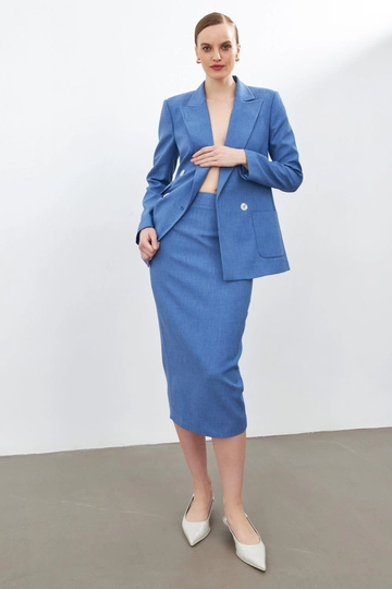 A wholesale clothing model wears  Skirt - Blue
, Turkish wholesale Skirt of Setre