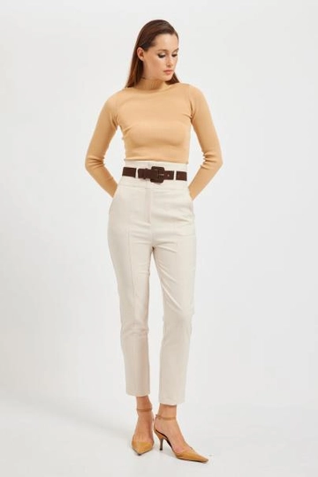 Bir model, Setre toptan giyim markasının  Pantolon - Bej
 toptan Pantolon ürününü sergiliyor.