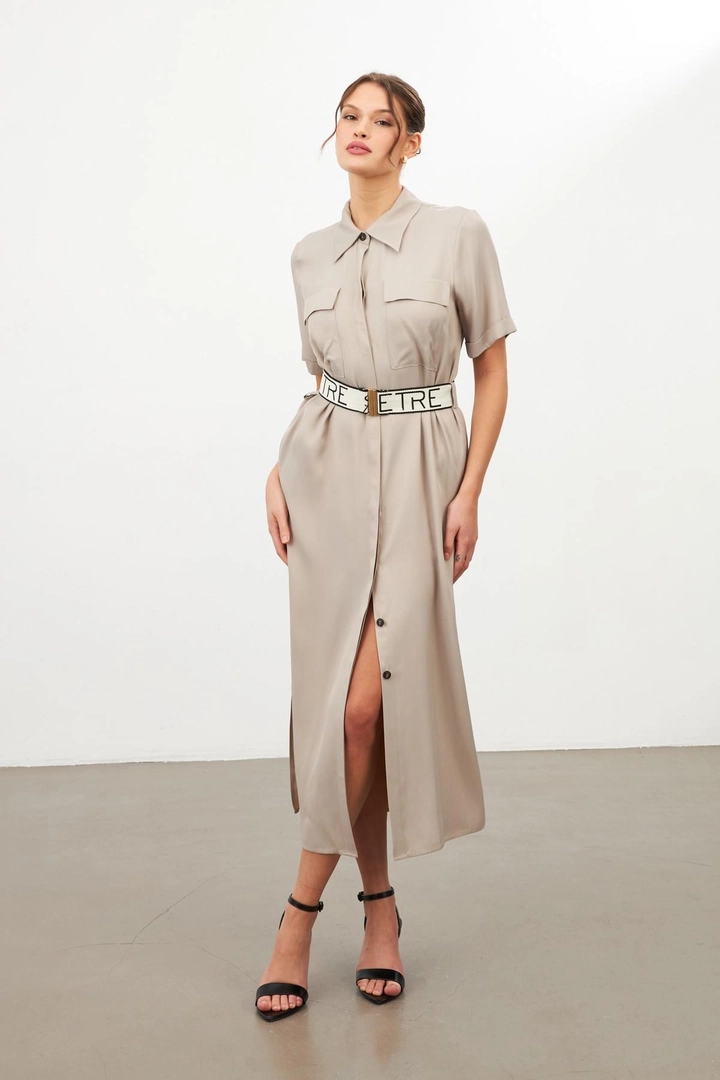 Bir model, Setre toptan giyim markasının str11340-dress-dark-beige toptan Elbise ürününü sergiliyor.