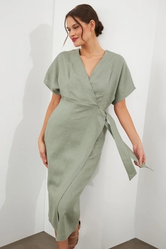 A wholesale clothing model wears str11355-dress-oil-green, Turkish wholesale Dress of Setre