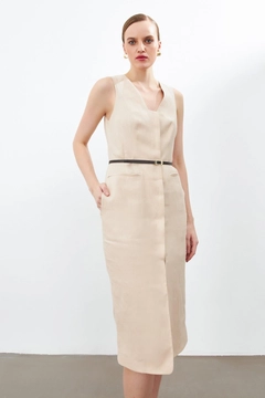 A wholesale clothing model wears str11379-dress-beige, Turkish wholesale Dress of Setre