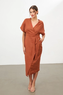 A wholesale clothing model wears str11321-dress-apricot, Turkish wholesale Dress of Setre