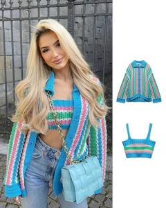 Hurtowa modelka nosi SBE10081 - Cardigan And Crop Top Suit - Multicolor, turecka hurtownia Sweter rozpinany firmy Sobe