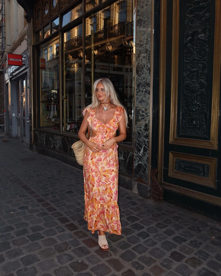 A wholesale clothing model wears SBE10487 - Dress - Orange & Pink, Turkish wholesale Dress of Sobe