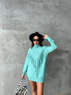 A wholesale clothing model wears sbe10899-sweater-turquoise, Turkish wholesale Sweater of Sobe