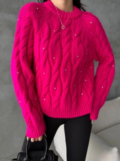 A wholesale clothing model wears sbe11066-sweater-fuchsia, Turkish wholesale Sweater of Sobe