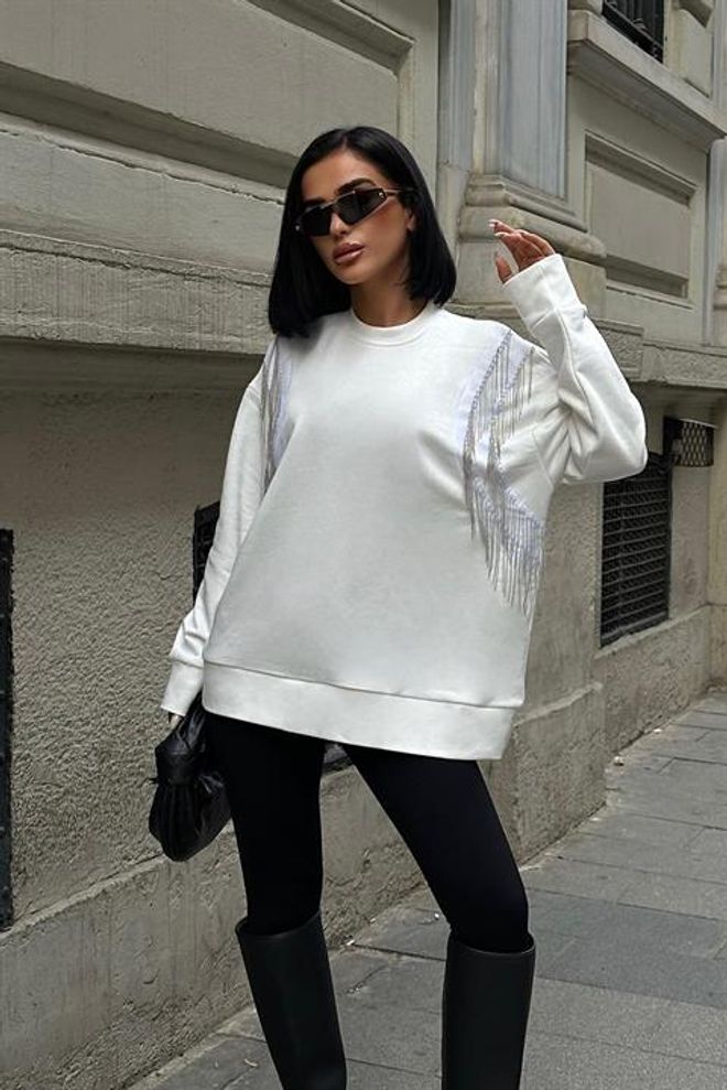 Sobe Istanbul Metallisiertes Pendel Sweatshirt – Ecru Großhandelskleidung Lässig