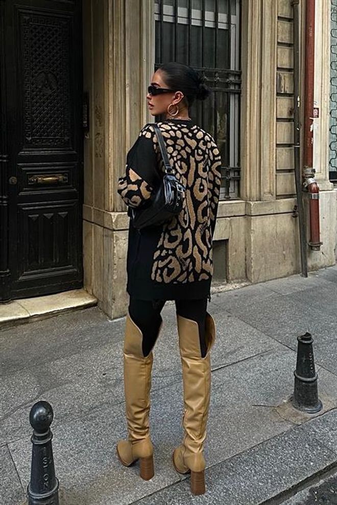 Sobe Istanbul Pullover Mit Leopardenmuster Und Zerrissenen Details – Schwarz Großhandelskleidung Lässig