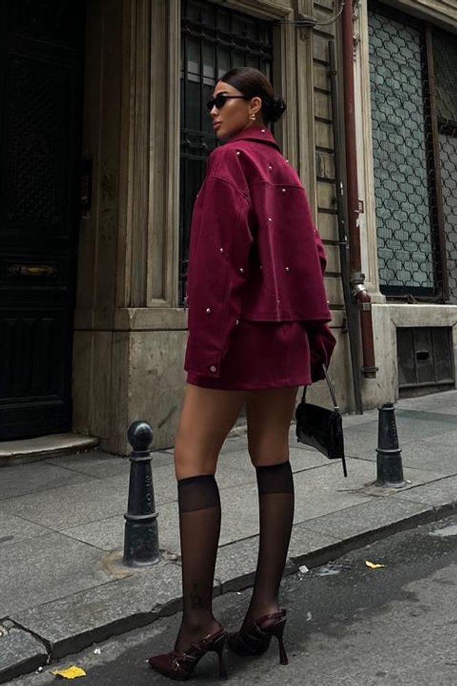 Sobe Istanbul Gümüş Aksesuarlı Ceket Etek İçi Astarlı Süet Takım Bordo Toptan Giyim Zarif