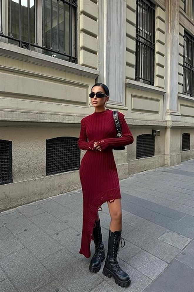Sobe Istanbul Asymmetrical Cotton Knit Dress Claret Red Wholesale Clothing Casual