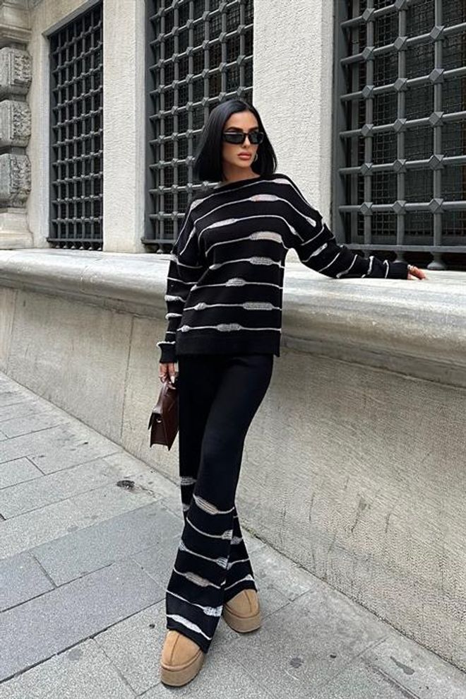 Sobe Istanbul Parlak Triko Set Siyah Toptan Giyim Gündelik
