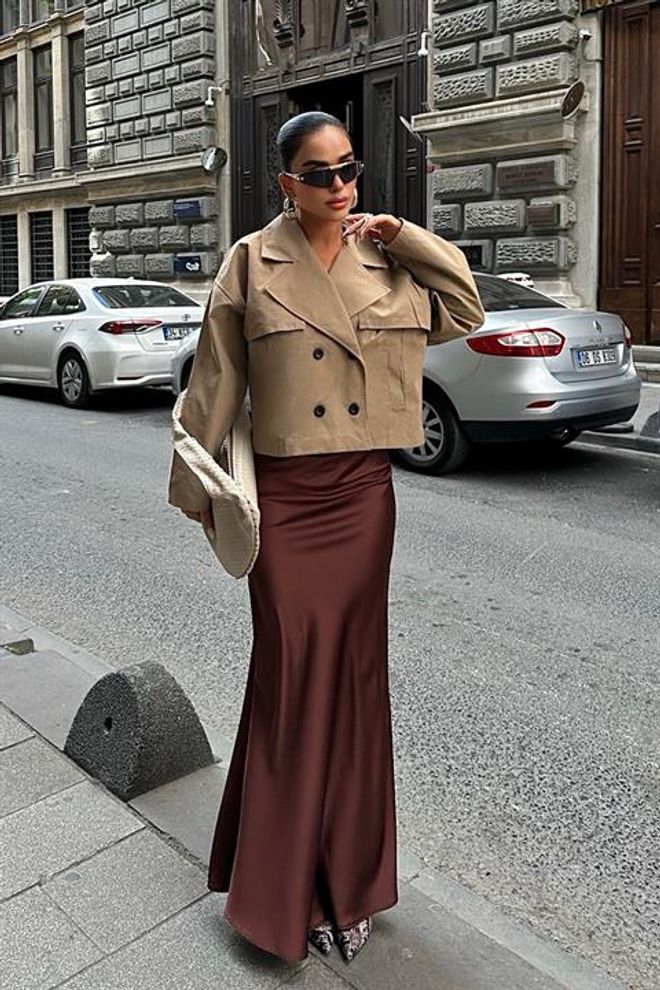 Sobe Istanbul Jupe Longue En Satin Marron Vêtements en gros Cocktail