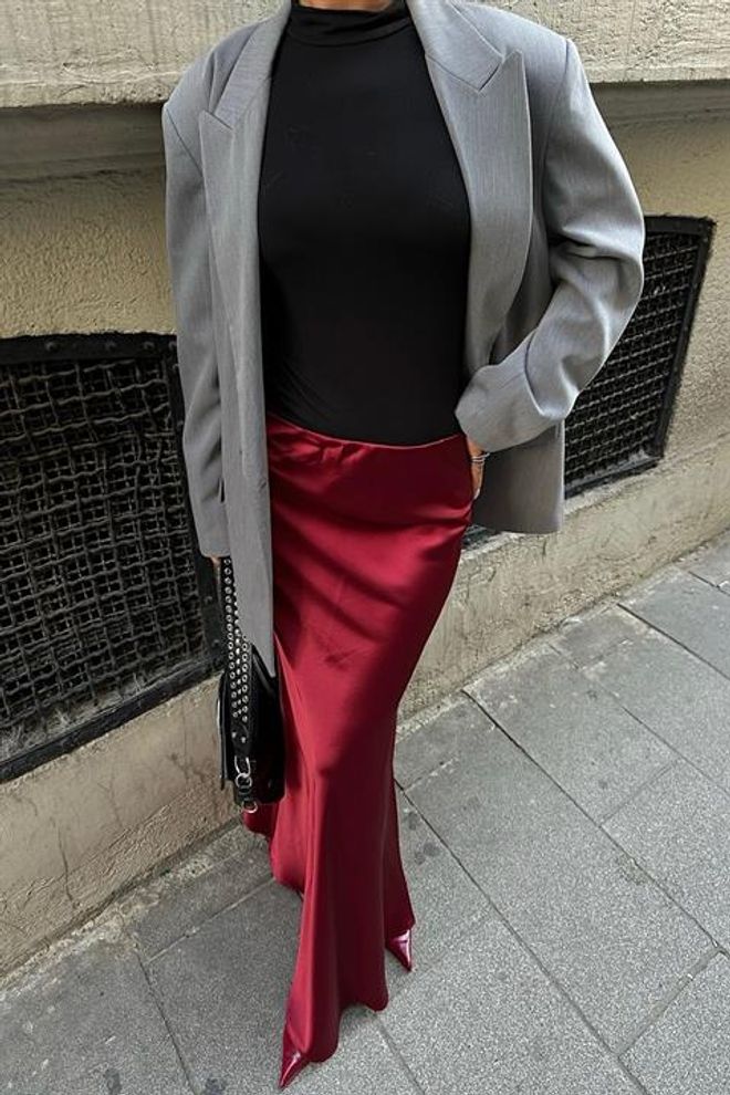 Sobe Istanbul Jupe Longue En Satin Rouge Claret Vêtements en gros 4