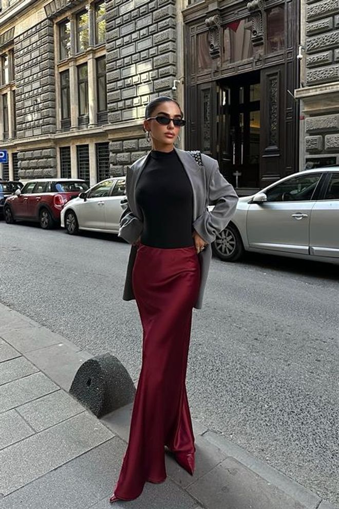 Sobe Istanbul Jupe Longue En Satin Rouge Claret Vêtements en gros Automne
