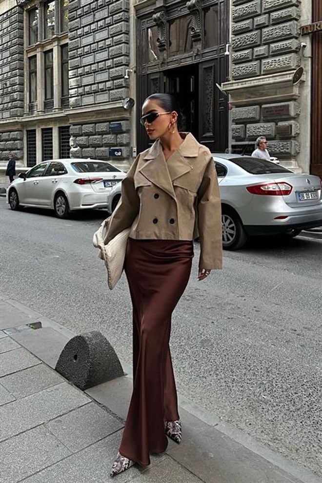 Sobe Istanbul Jupe Longue En Satin Marron Vêtements en gros Décontracté