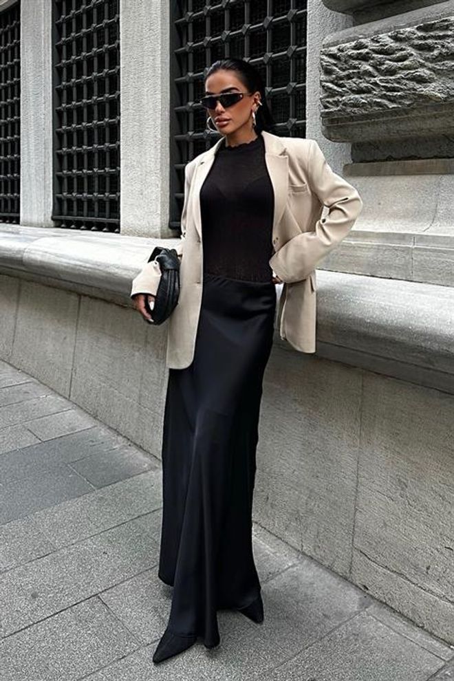 Sobe Istanbul Jupe Longue En Satin Noir Vêtements en gros Automne